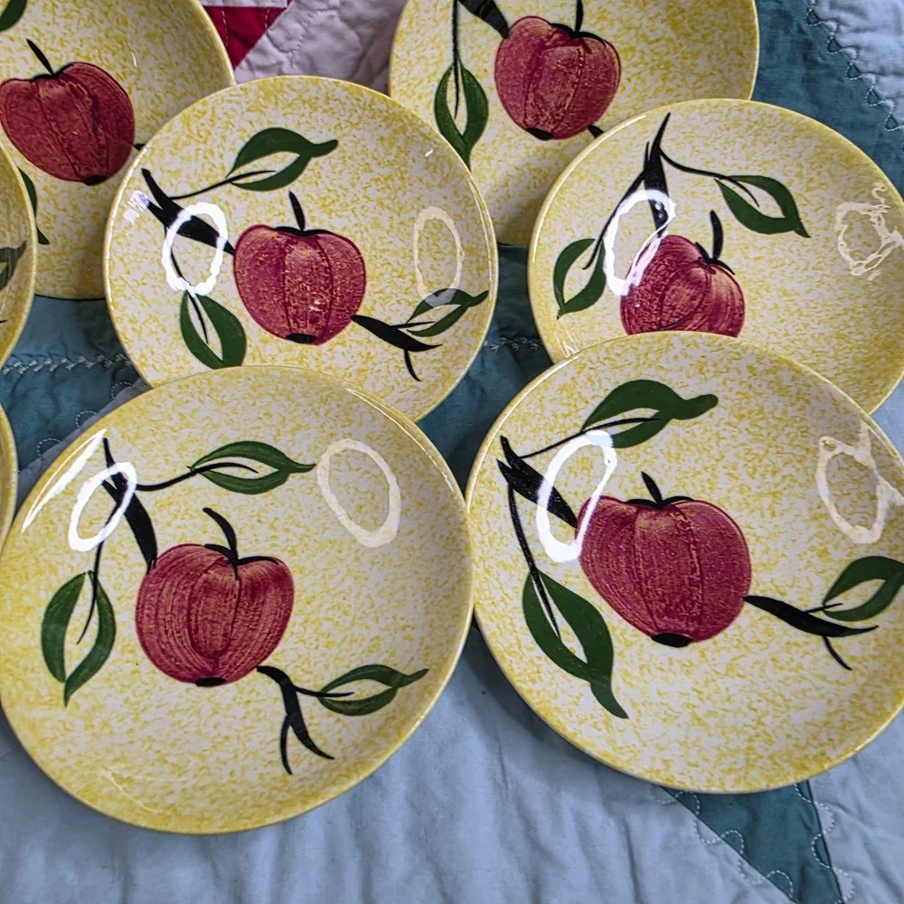 Vintage Mid Century Modern Apple Pattern Yellow Speckled Ceramic Small Plates x8